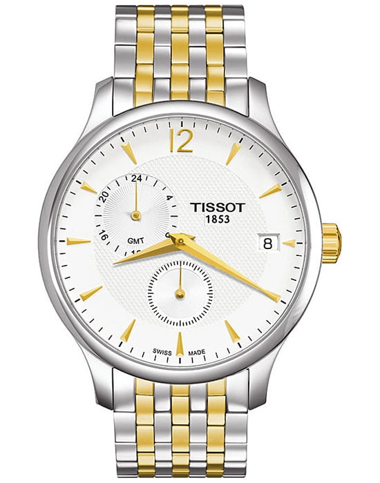 Tissot Tissot Tradition GMT T063.639.22.037.00 Tradition T0636392203700 кварцевые мужские часы белый циферблат, браслет сталь с ip покрытием — вид спереди