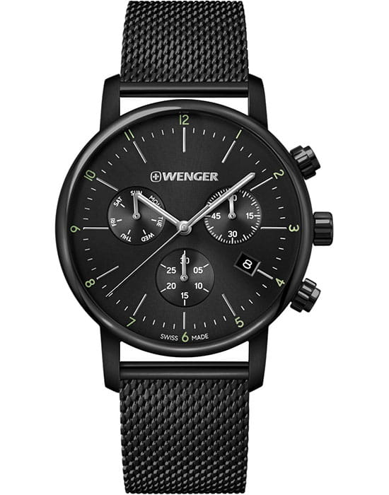 Wenger 01.1743.116  01.1743.116 кварцевые мужские часы черный циферблат, браслет сталь c pvd покрытием — вид спереди