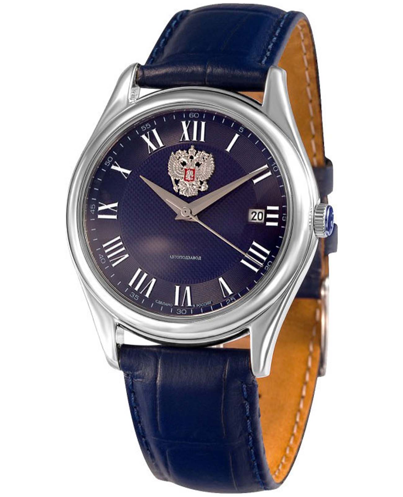 Слава Слава Премьер 1490856/300-8215  1490856/300-8215 механические мужские часы синий циферблат, браслет кожаный — вид спереди
