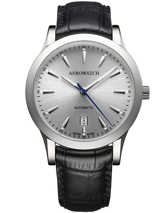 Aerowatch Aerowatch Les Grandes Classiques 60947 AA01  60947 AA01 механические мужские часы серебристый циферблат, браслет кожаный — вид спереди
