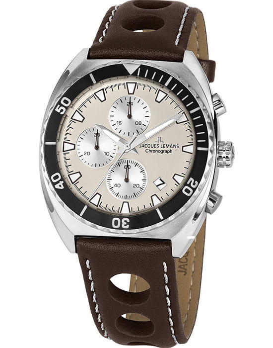 Jacques Lemans Jacques Lemans 1-2041D  1-2041D кварцевые мужские часы бежевый циферблат, браслет кожаный — вид спереди