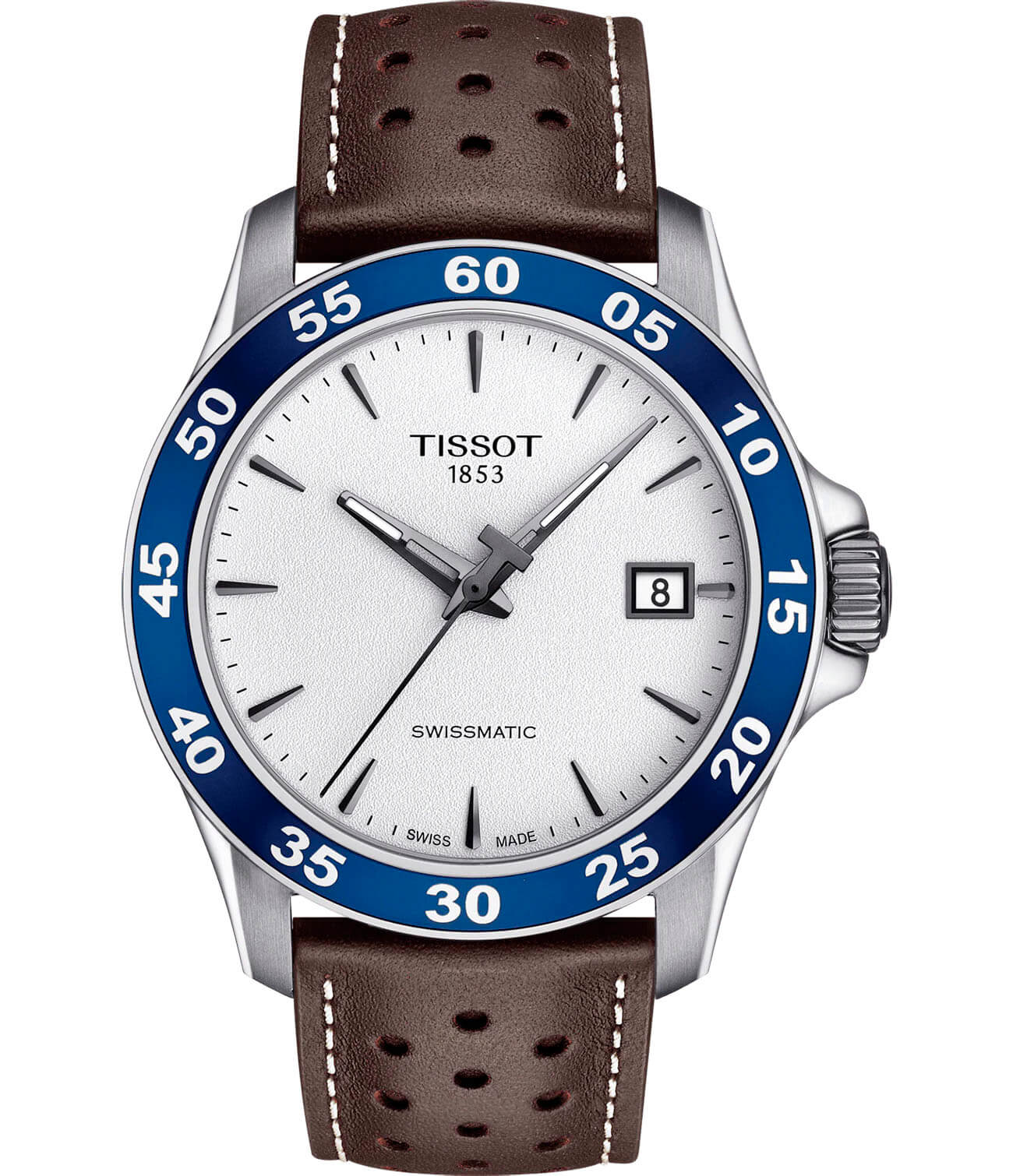 Tissot Tissot V8 Swissmatic T106.407.16.031.00 V8  T1064071603100 механические мужские часы белый циферблат, браслет кожаный — вид спереди
