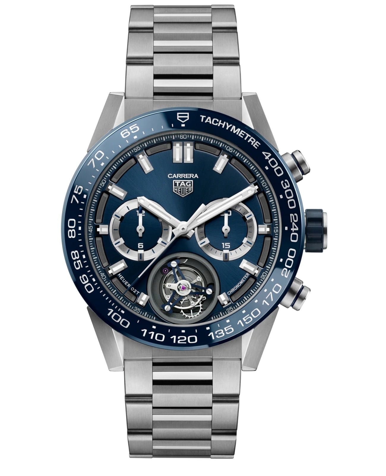 TAG Heuer TAG Heuer Carrera CAR5A8C.BF0707  CAR5A8C.BF0707 механические мужские часы синий циферблат, браслет титановый — вид спереди