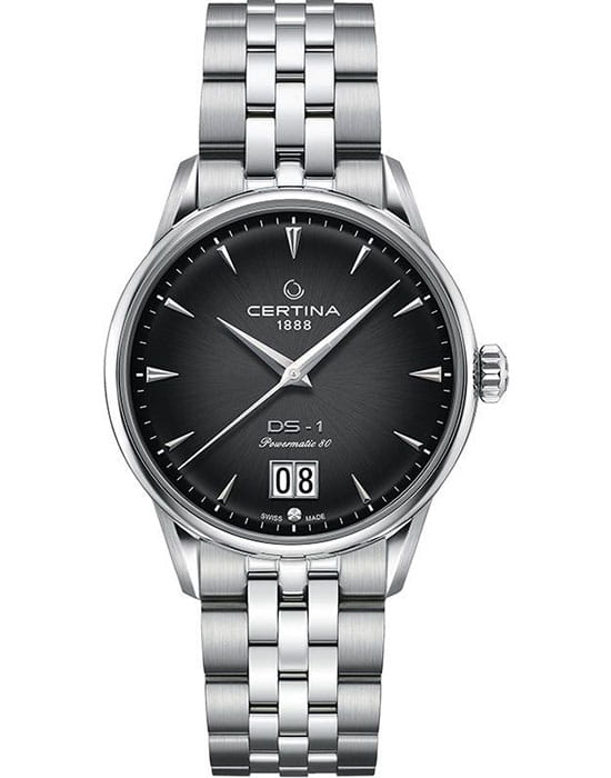 Certina Certina DS-1 Big Date Powermatic 80 C029.426.11.051.00 DS 1 C0294261105100 механические мужские часы черный циферблат, браслет нержавеющая сталь — вид спереди