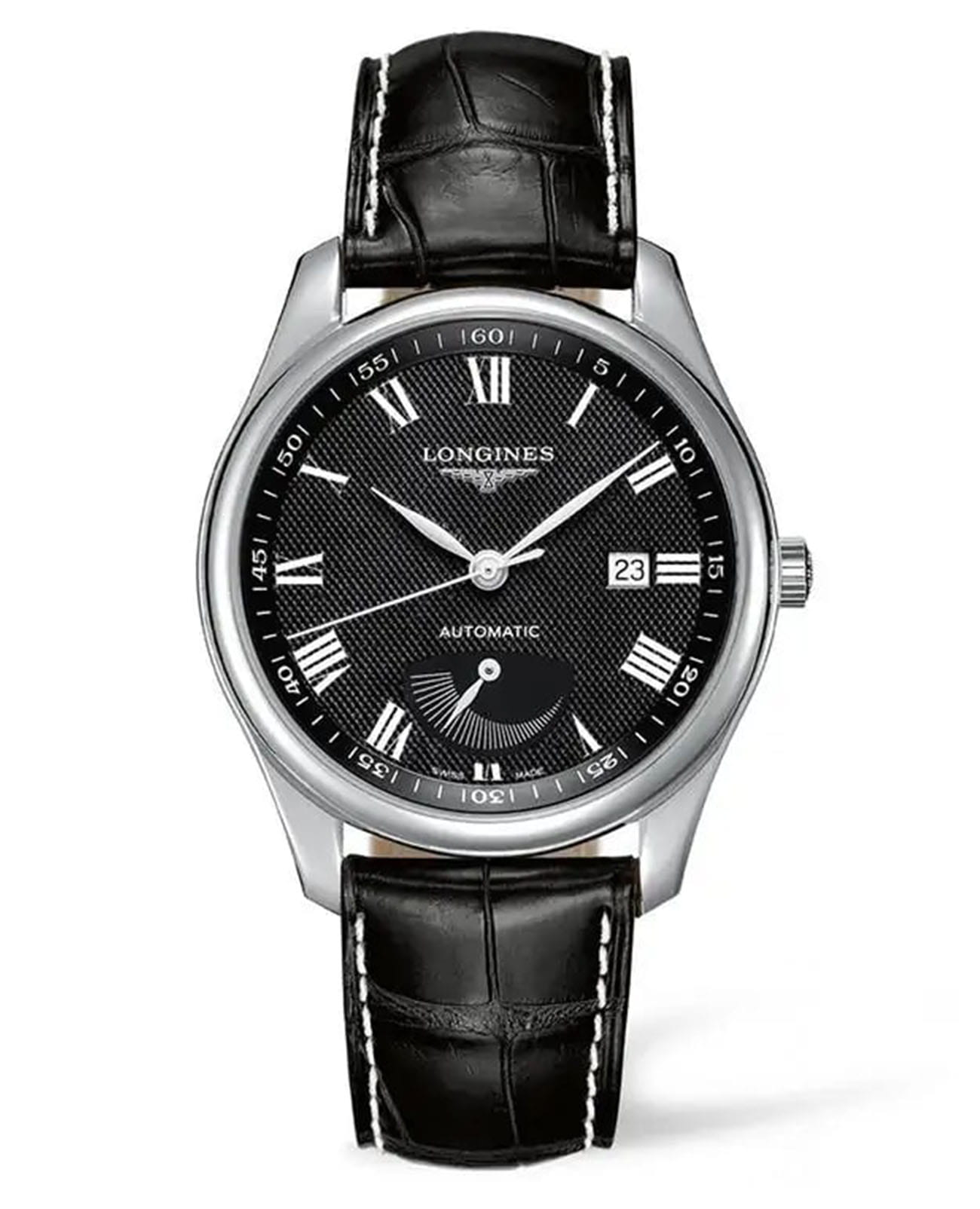 Longines Longines Master Collection L2.908.4.51.8  L29084518 механические мужские часы черный циферблат, браслет кожаный — вид спереди
