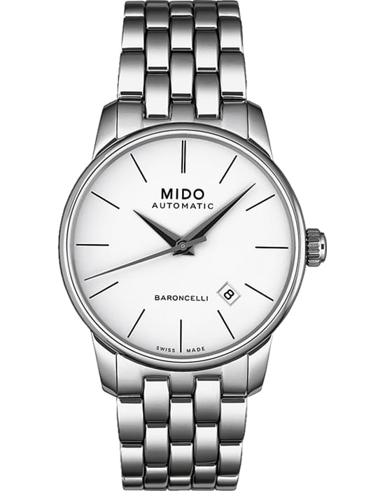 Mido Mido Baroncelli II Gent M8600.4.76.1  M86004761 механические мужские часы белый циферблат, браслет нержавеющая сталь — вид спереди