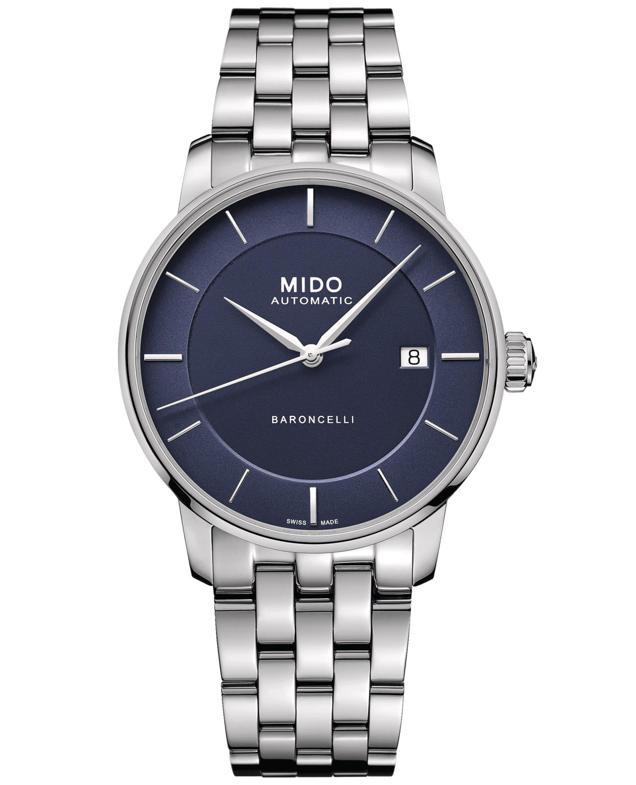 Mido Mido Baroncelli Signature M037.407.11.041.00  M0374071104100 механические мужские часы синий циферблат, браслет нержавеющая сталь — вид спереди