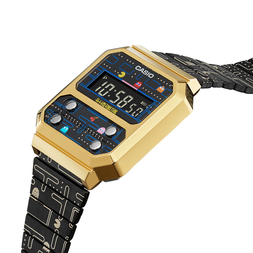 Casio Casio Vintage Pac Man Limited Edition A100WEPC-1B, vintage япония мужские часы на браслете нержавеющая сталь боковой вид