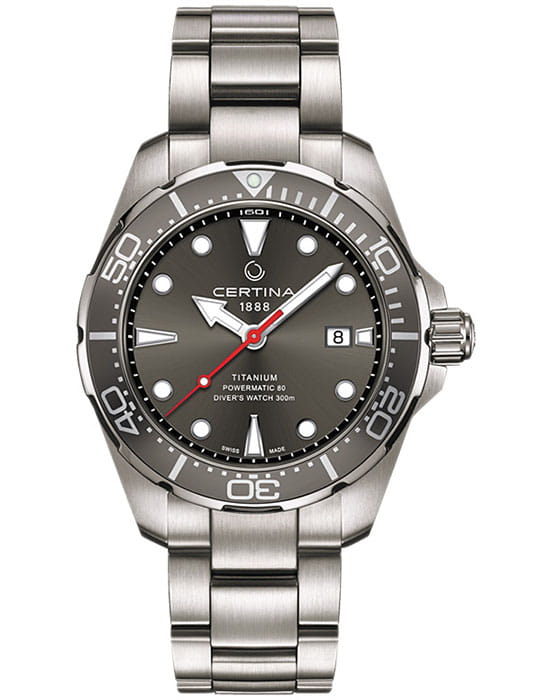 Certina Certina DS Action Diver Powermatic 80 C032.407.44.081.00 DS Action C0324074408100 механические мужские часы серый циферблат, браслет титановый — вид спереди
