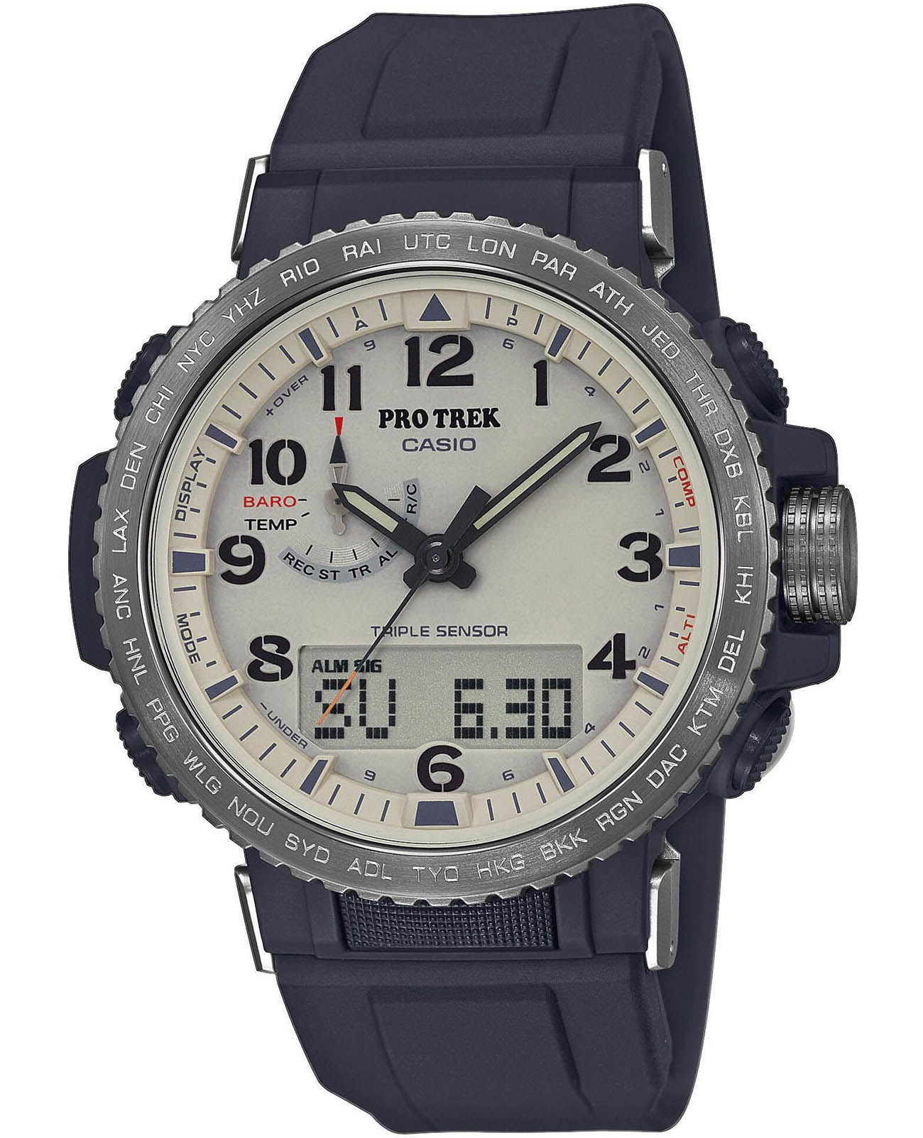 Casio Casio Pro Trek PRW-50Y-1B PRW PRW-50Y-1BER кварцевые мужские часы бежевый циферблат, браслет пластик — вид спереди