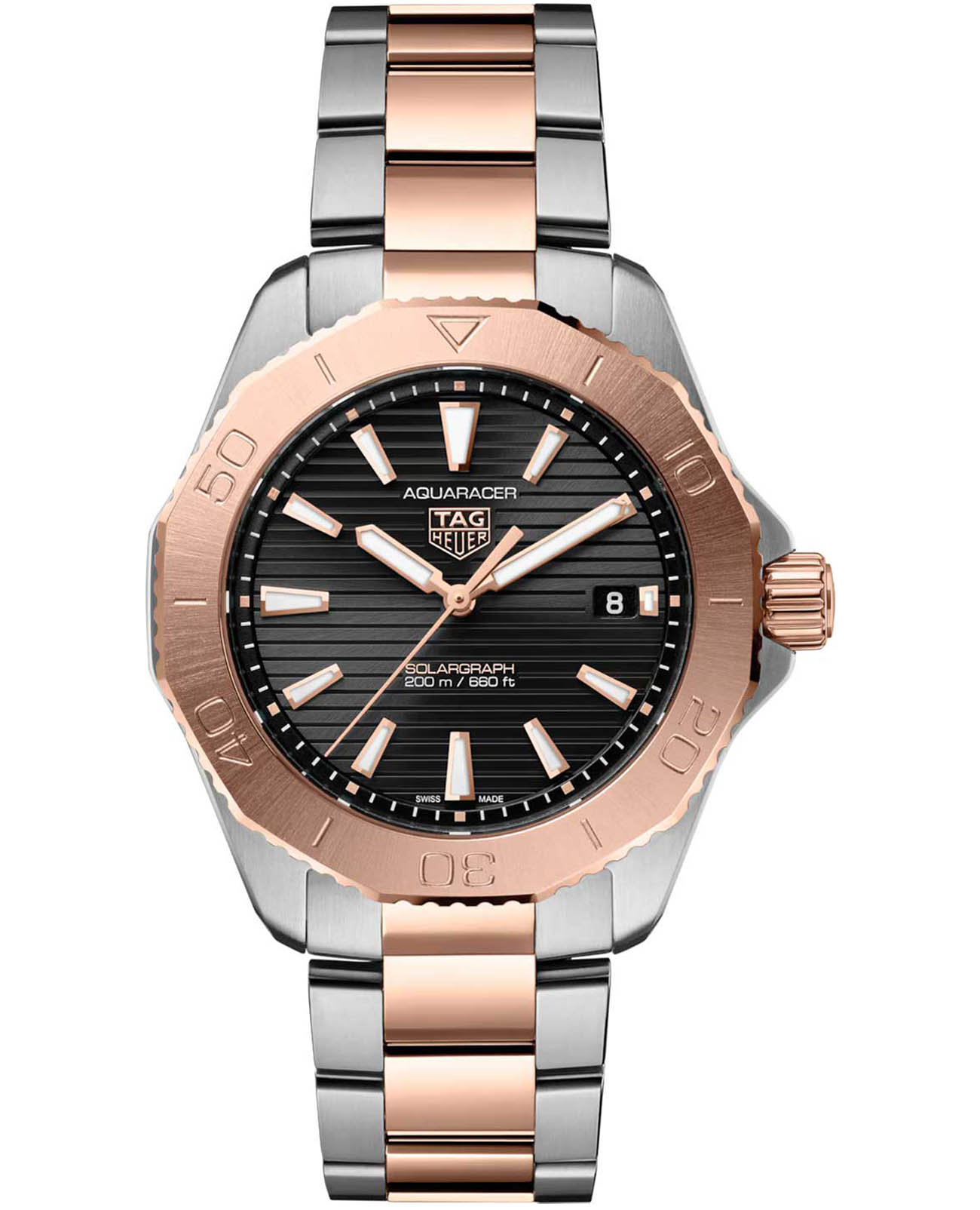 TAG Heuer TAG Heuer Aquaracer Professional 200 Solargraph WBP1121.BB0003  WBP1121.BB0003 кварцевые мужские часы черный циферблат, браслет нержавеющая сталь и 18 каратное розовое золото — вид спереди