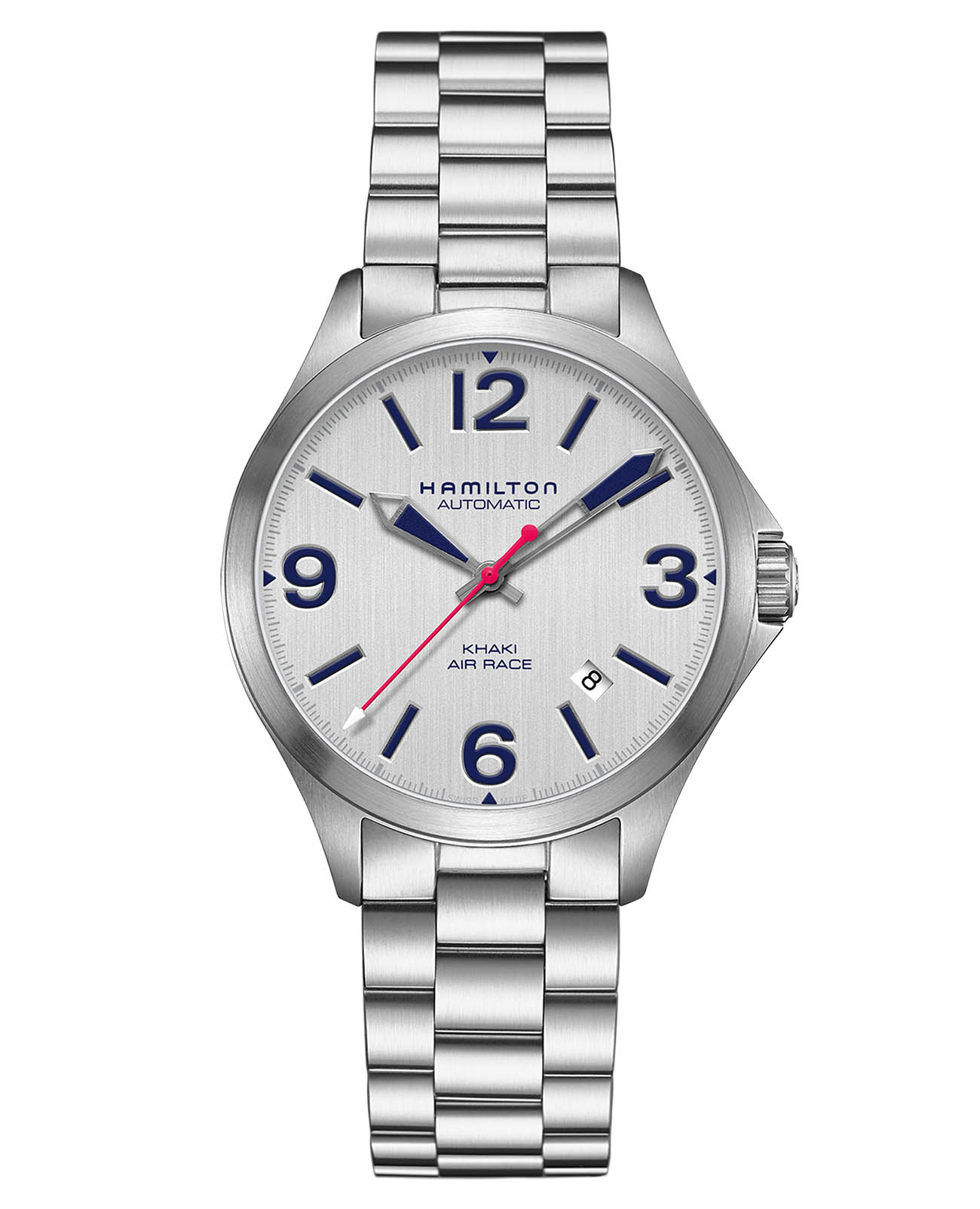 Hamilton Hamilton Khaki Aviation Air Race Auto H76225151  H76225151 механические мужские часы белый циферблат, браслет нержавеющая сталь — вид спереди