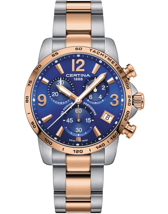 Certina Certina DS Podium Chronograph 1/10 sec C034.417.22.047.00  C0344172204700 кварцевые мужские часы синий циферблат, браслет сталь c pvd покрытием — вид спереди