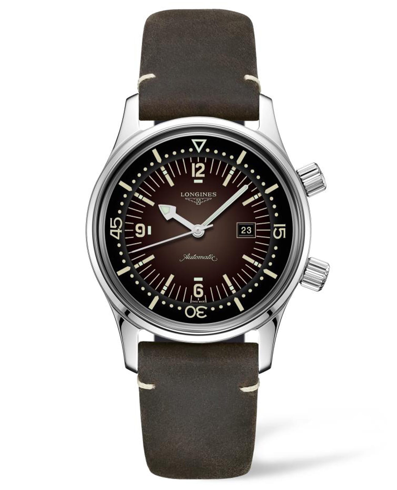 Longines Longines Legend Diver Watch L3.374.4.60.0  L33744600 механические женские часы коричневый циферблат, браслет кожаный — вид спереди