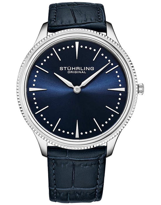 Stuhrling Stuhrling Symphony 3984.2  3984.2 кварцевые мужские часы синий циферблат, браслет кожаный — вид спереди
