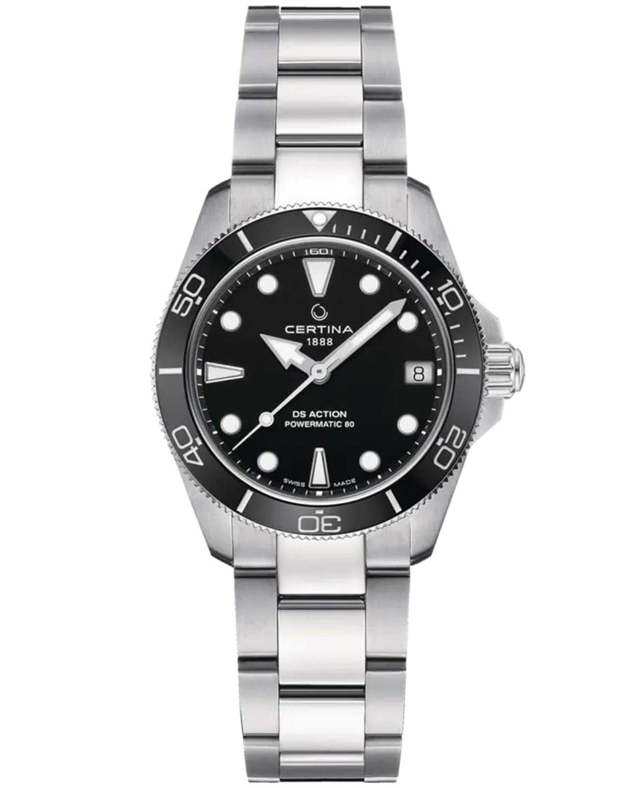 Certina Certina DS Action Lady C032.007.11.051.00 DS Action C0320071105100 механические женские часы черный циферблат, браслет нержавеющая сталь 316l — вид спереди