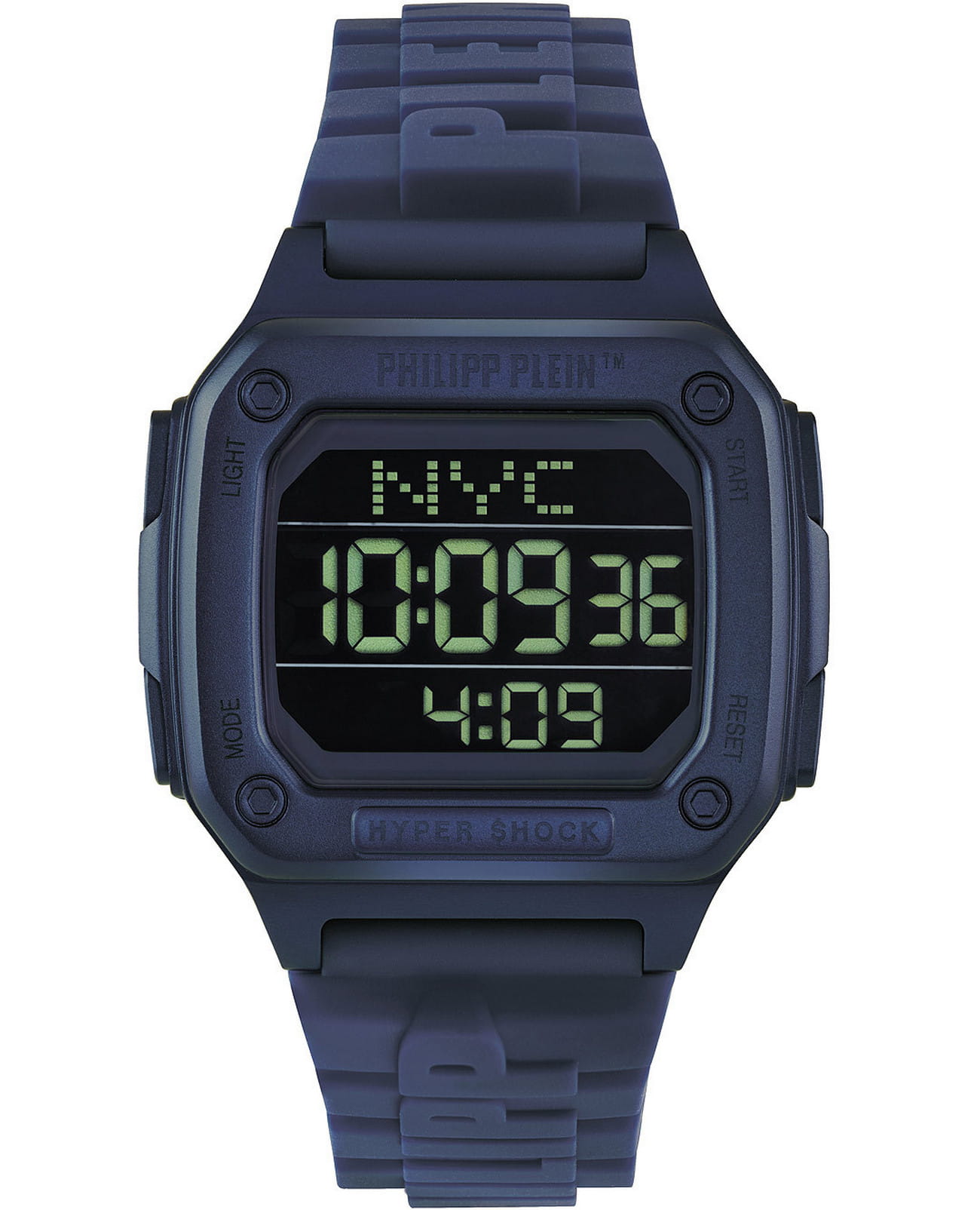 Philipp Plein Philipp Plein Hyper Shock PWHAA0321  PWHAA0321 кварцевые мужские часы синий циферблат, браслет силикон — вид спереди