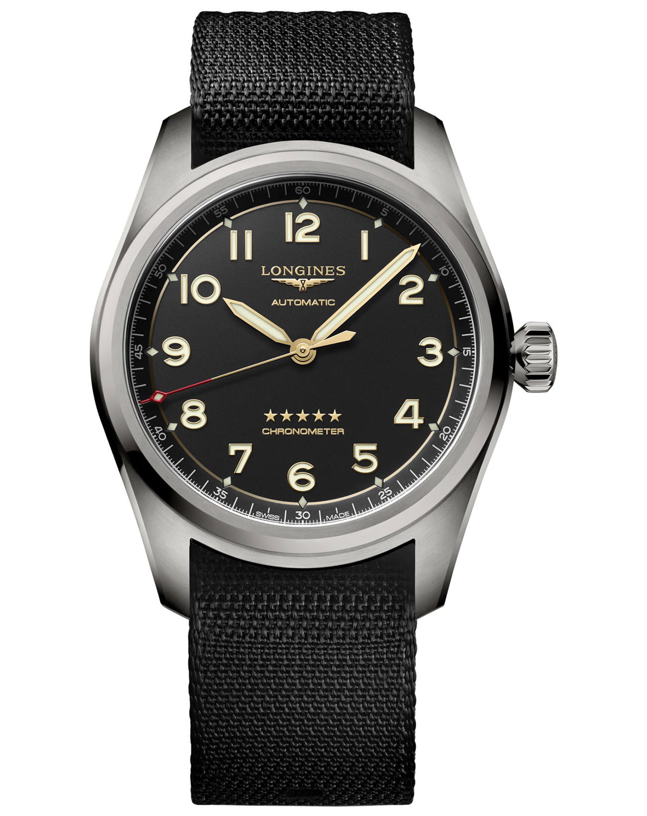 Longines Longines Spirit L3.811.1.53.2  L38111532 механические мужские часы серый циферблат, браслет нейлон — вид спереди