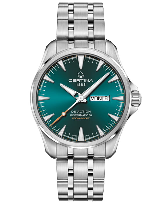 Certina Certina DS Action Day-Date C032.430.11.091.00 DS Action C0324301109100 механические мужские часы зеленый циферблат, браслет нержавеющая сталь — вид спереди