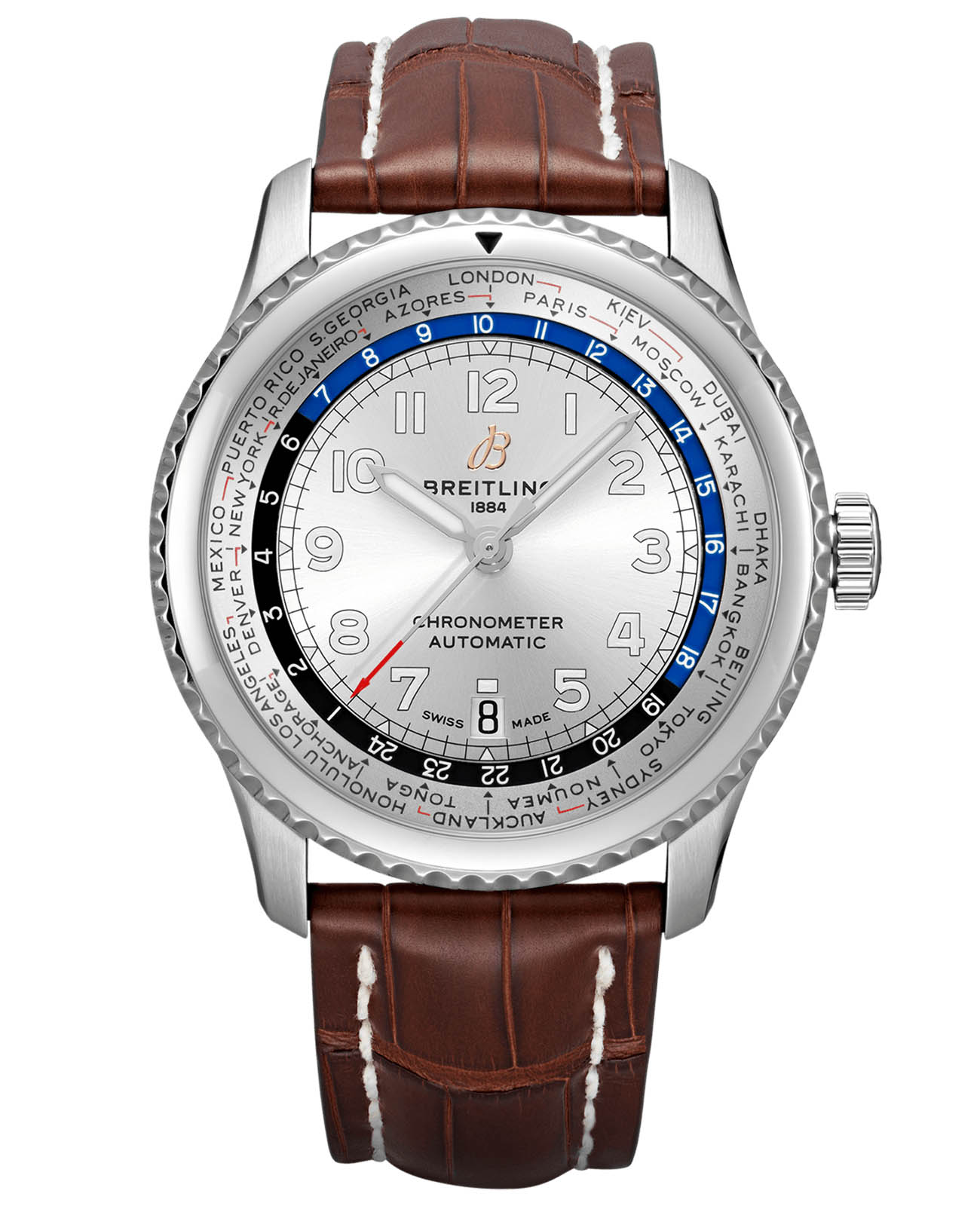 Breitling Breitling Aviator 8 B35 Automatic Unitime 43 AB3521U01G1P3  AB3521U01G1P3 механические мужские часы серебристый циферблат, браслет кожаный — вид спереди