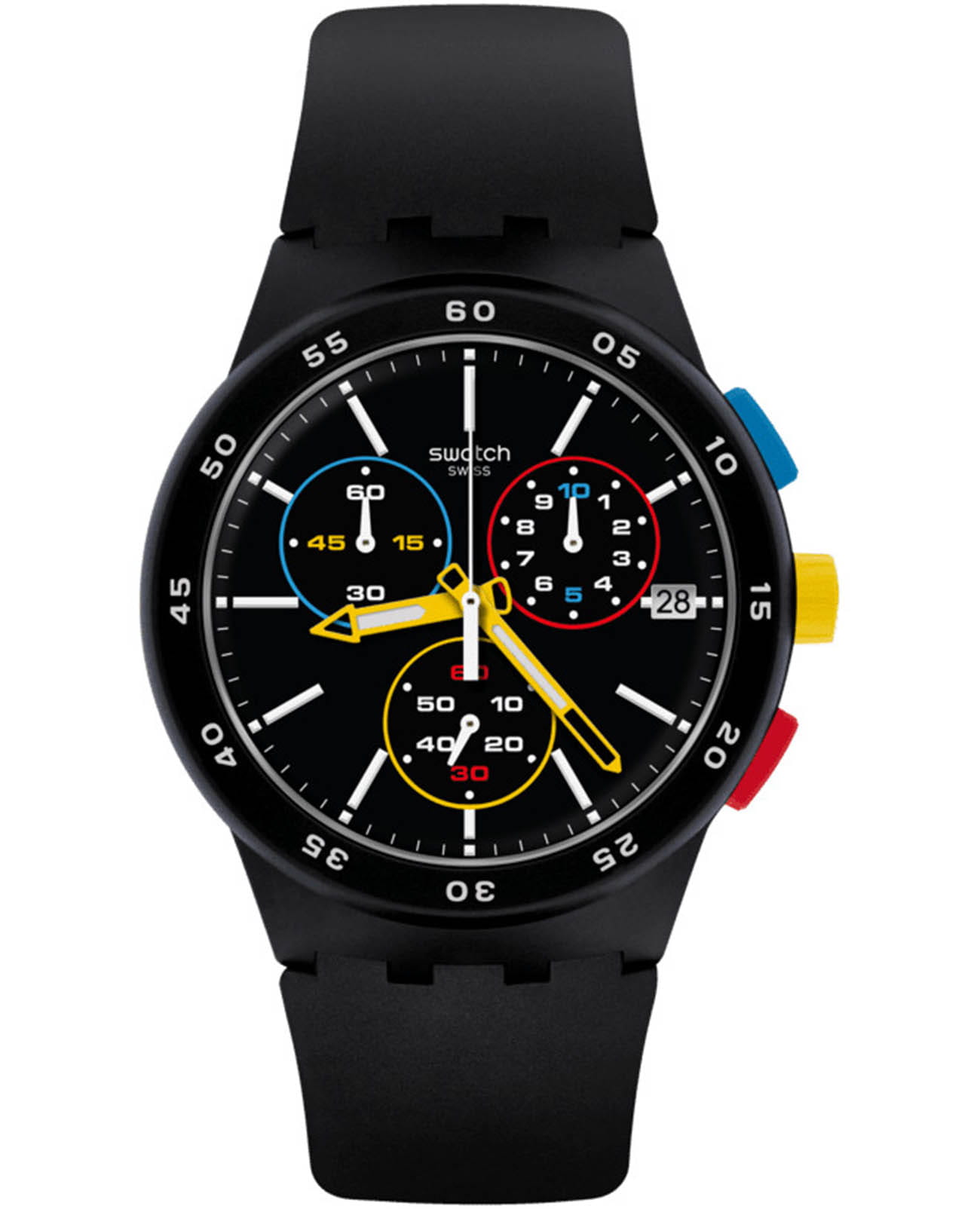 Swatch Swatch Chrono 42 Standard SUSB416  SUSB416 кварцевые мужские часы черный циферблат, браслет силикон — вид спереди