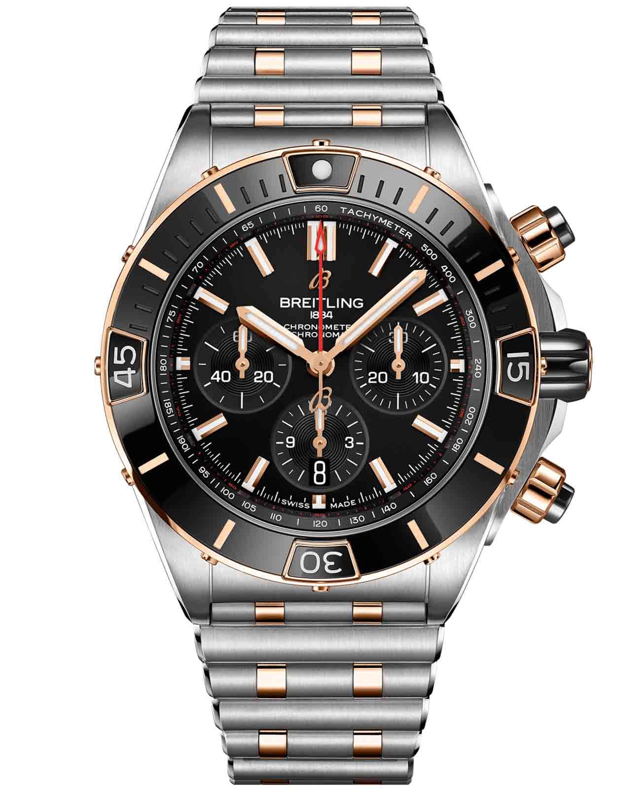 Breitling Breitling Super Chronomat B01 44 UB0136251B1U1  UB0136251B1U1 механические мужские часы черный циферблат, браслет нержавеющая сталь + золото 18к — вид спереди