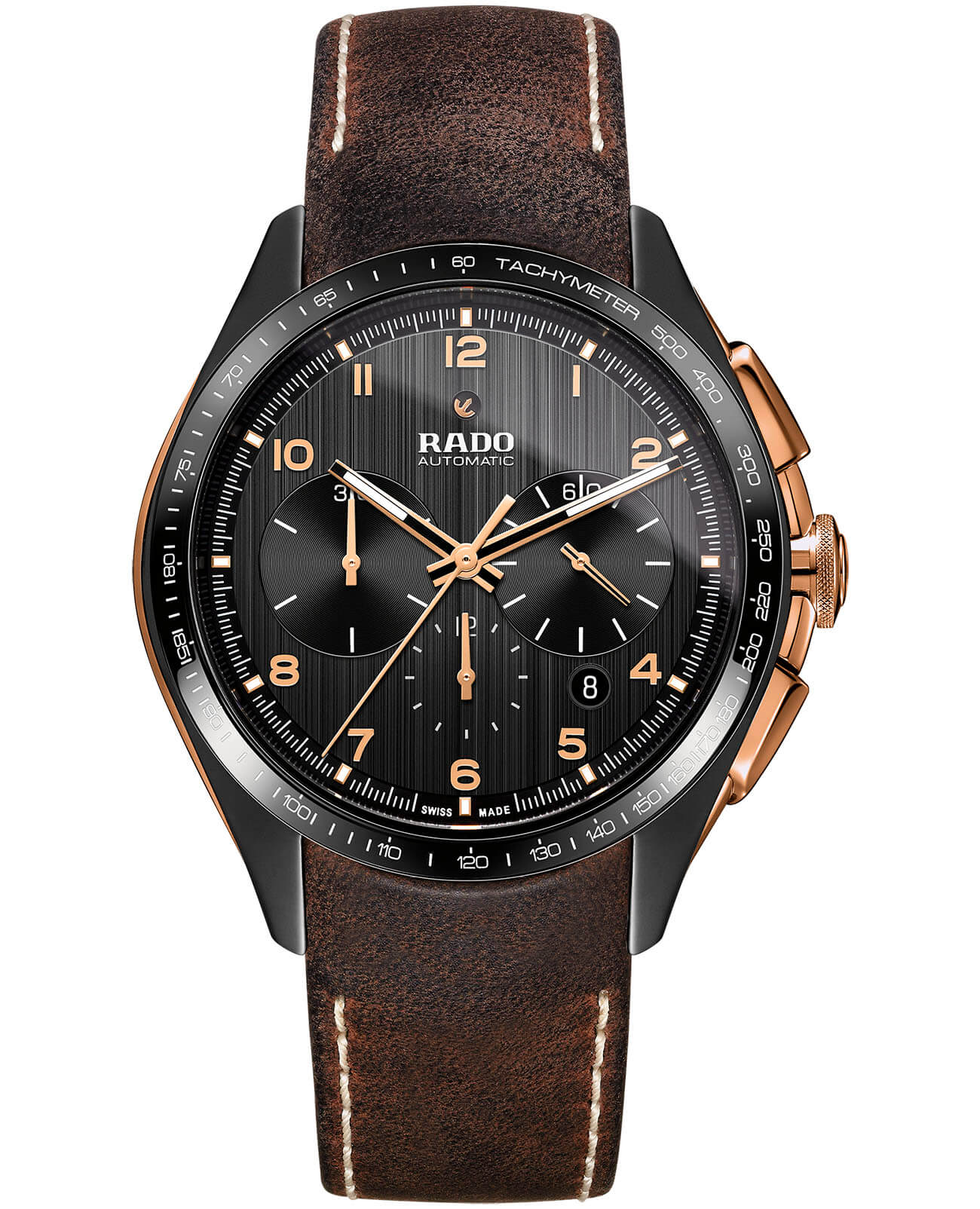 Rado Rado Hyperchrome Automatic Chronograph R32168155 Automatic R32168155 механические мужские часы черный циферблат, браслет кожаный — вид спереди