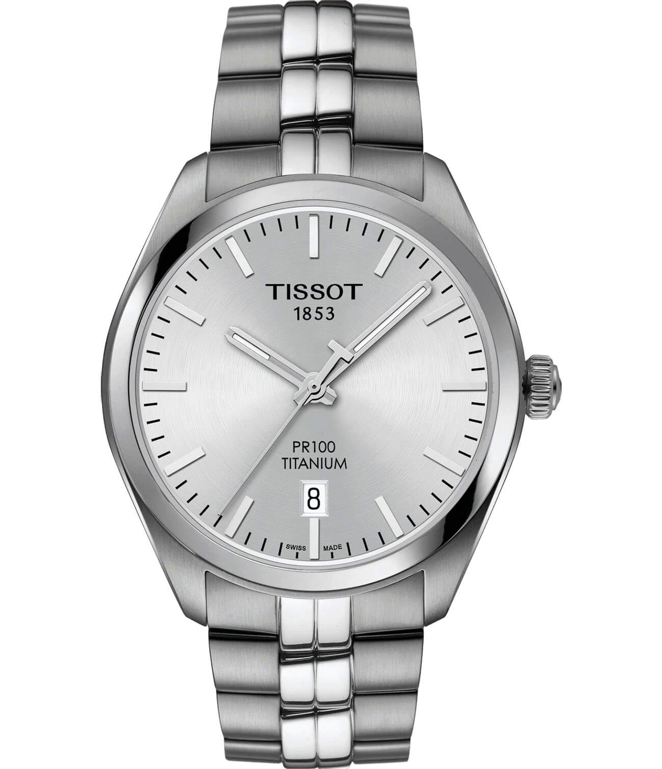Tissot Tissot PR 100 Titanium Quartz T101.410.44.031.00 PR 100 T1014104403100 кварцевые мужские часы белый циферблат, браслет титановый — вид спереди
