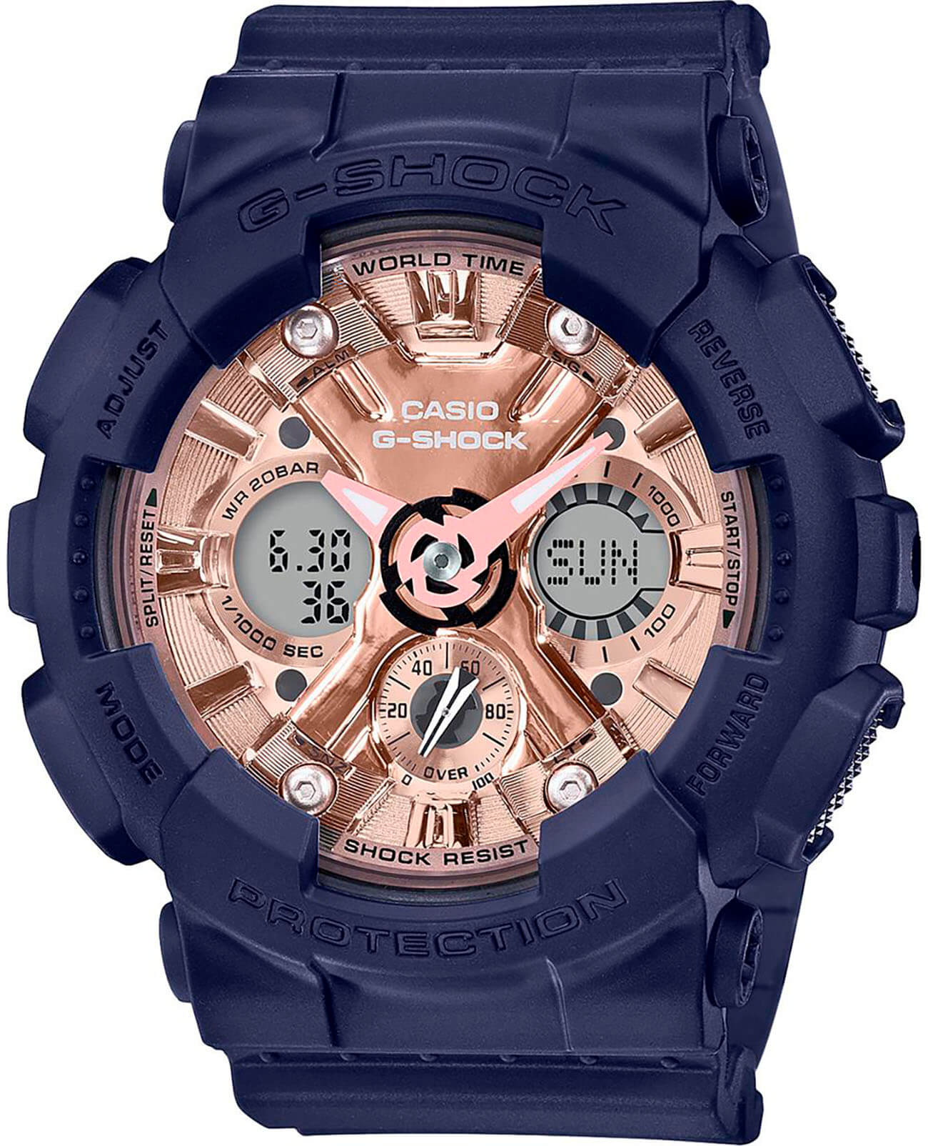 Casio Casio G-Shock GMA-S120MF-2A2  GMA-S120MF-2A2 электронные женские часы золотой циферблат, браслет пластик — вид спереди