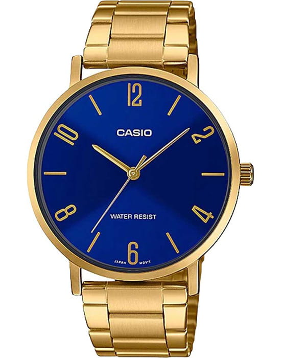 Casio Casio Collection LTP-VT01G-2B  LTP-VT01G-2B кварцевые женские часы синий циферблат, браслет нержавеющая сталь с ip-покрытием — вид спереди