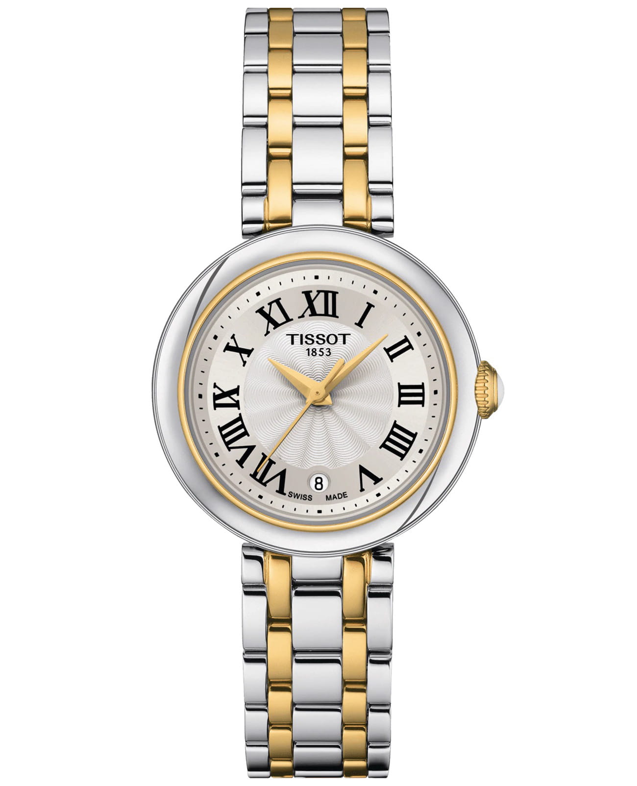Tissot Tissot Bellissima Small Lady T126.010.22.013.00 Small T1260102201300 кварцевые женские часы перламутровый циферблат, браслет сталь c pvd покрытием — вид спереди
