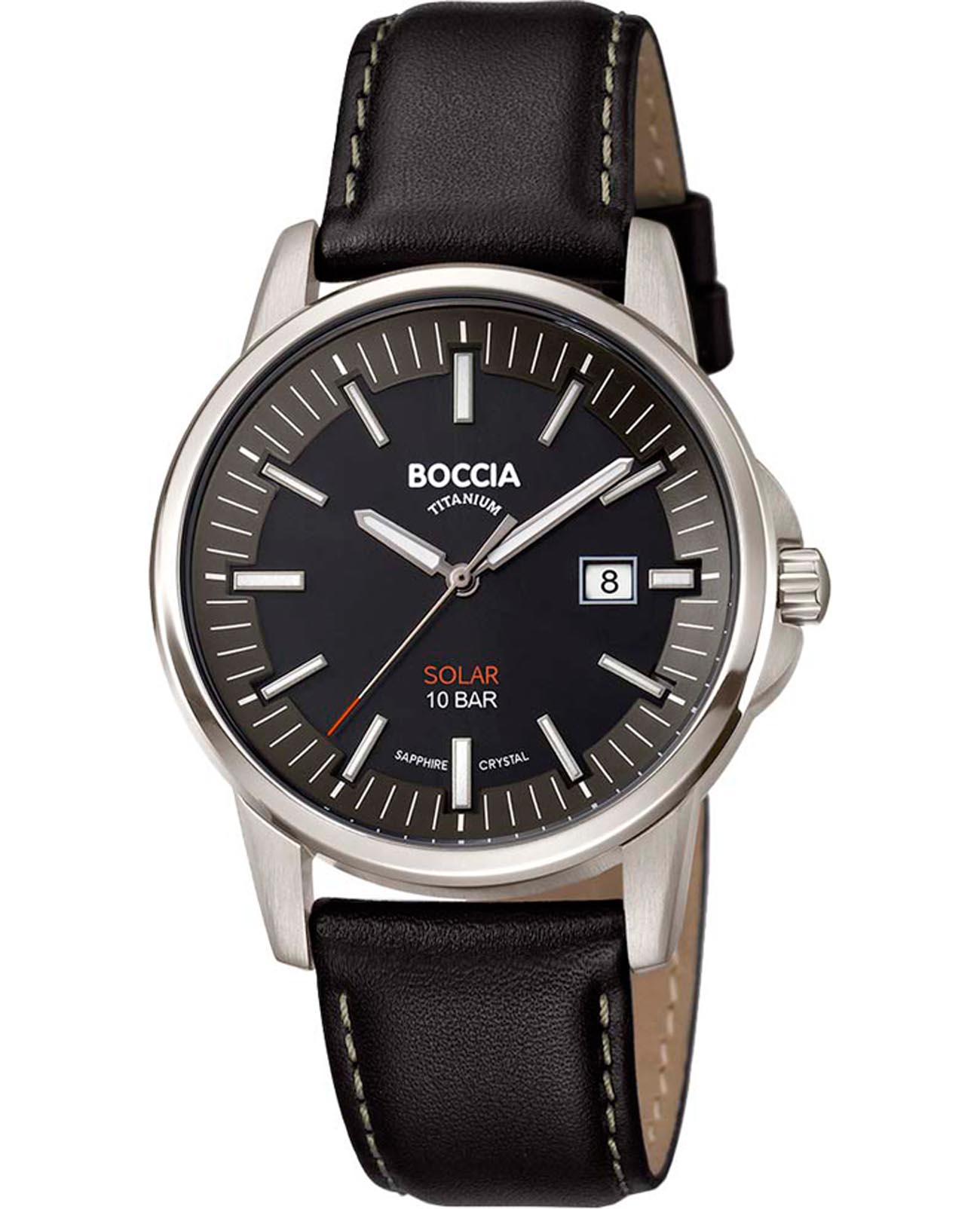 Boccia Titanium Boccia Titanium 3643-02  3643-02 кварцевые мужские часы черный циферблат, браслет кожаный — вид спереди
