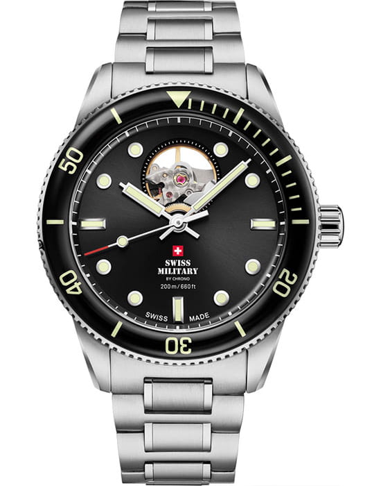 Swiss Military by Chrono Swiss Military Automatic Dive SMA34106.11  SMA34106.11 механические мужские часы черный циферблат, браслет нержавеющая сталь — вид спереди
