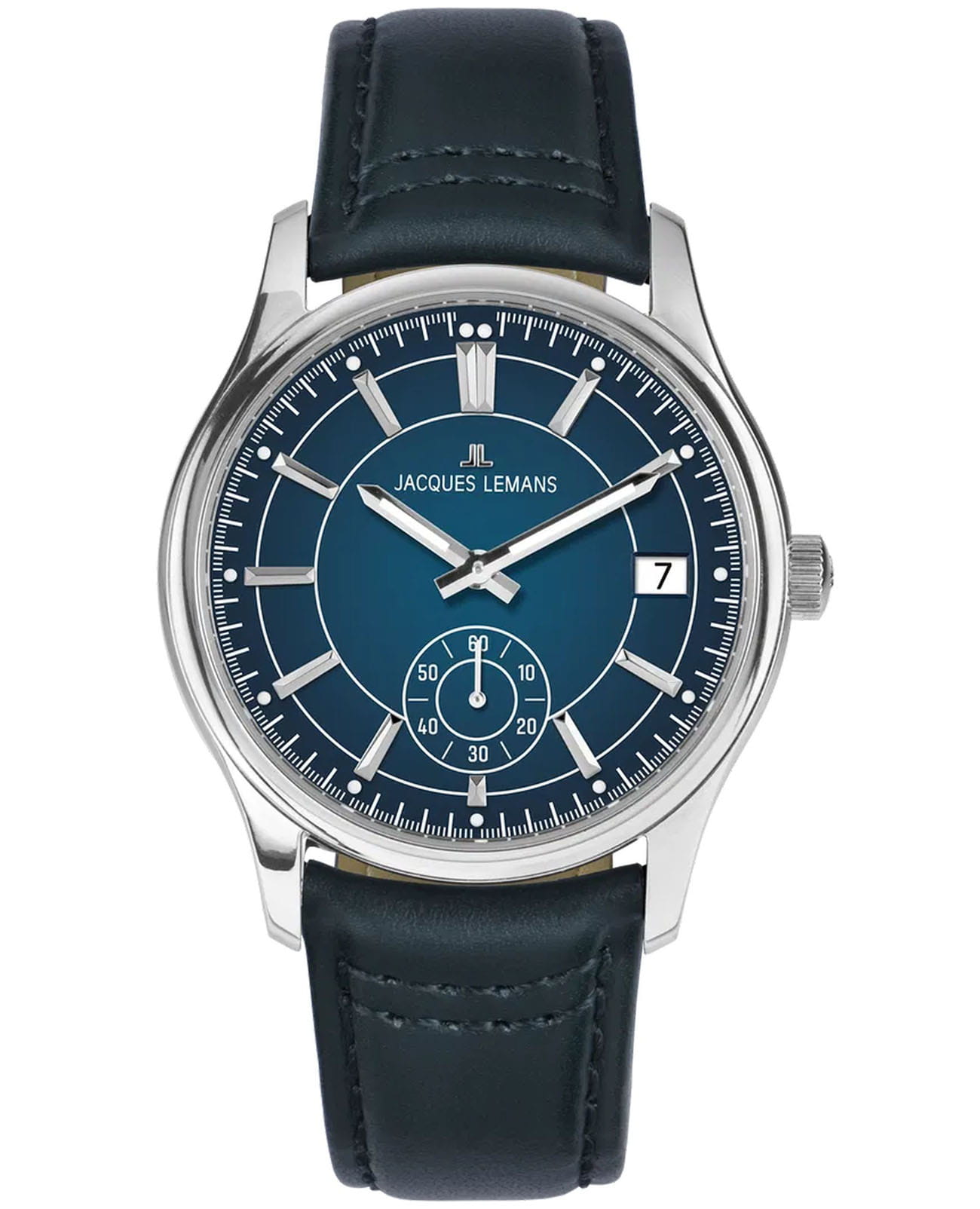 Jacques Lemans Jacques Lemans Derby 1-2197B  1-2197B кварцевые мужские часы синий циферблат, браслет кожаный — вид спереди