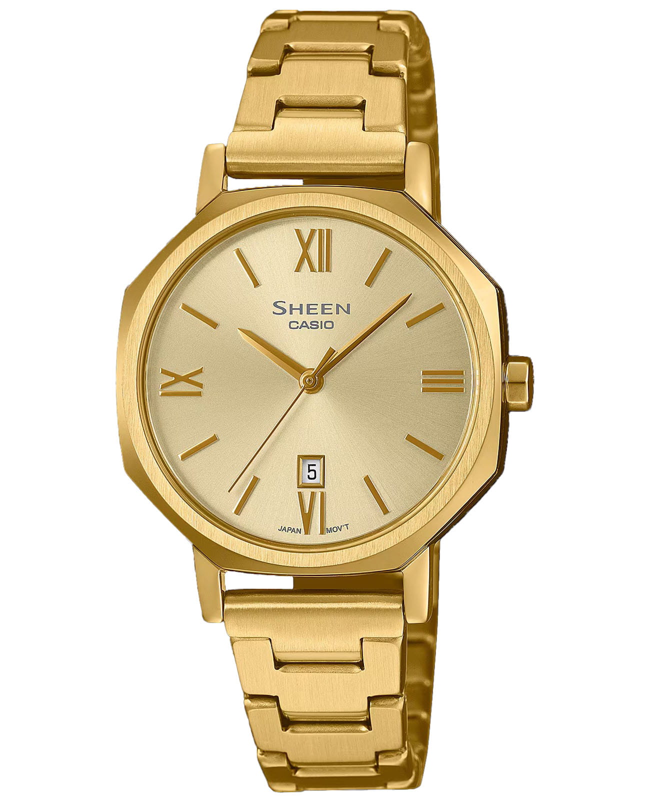 Casio Casio Sheen SHE-4554G-9AUDF (SHE-4554G-9A)  SHE-4554G-9A кварцевые женские часы золотой циферблат, браслет нержавеющая сталь с ip-покрытием — вид спереди