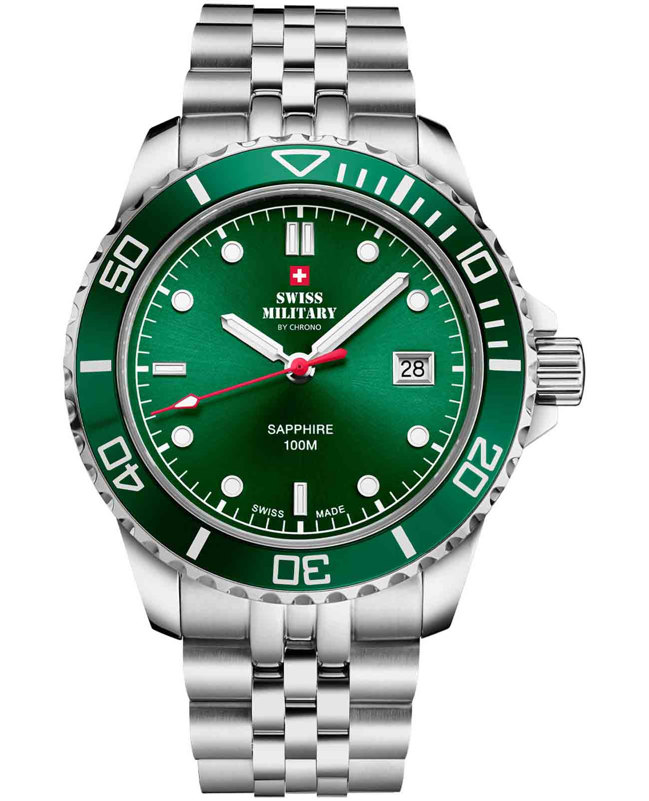 Swiss Military by Chrono Swiss Military by Chrono Sports SM34109.03  SM34109.03 кварцевые мужские часы зеленый циферблат, браслет нержавеющая сталь — вид спереди