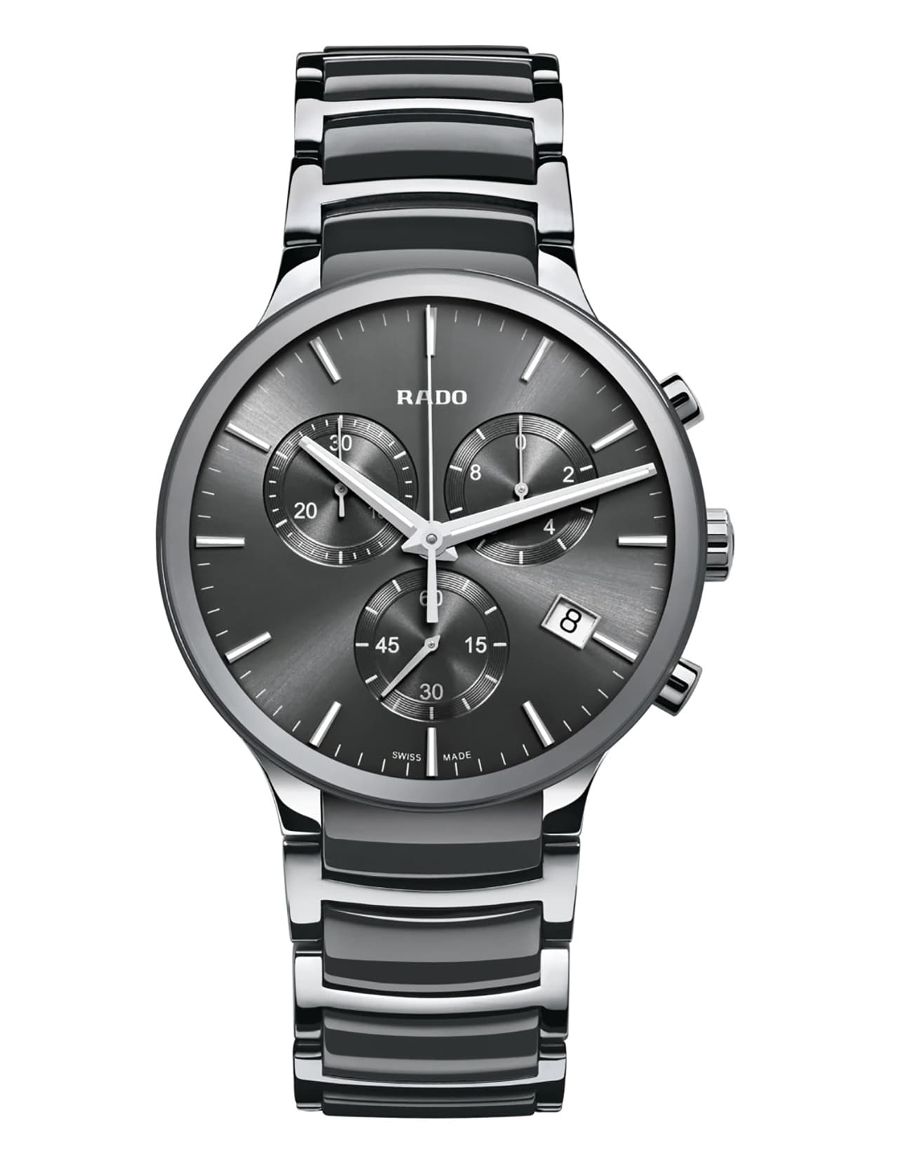 Rado Rado Centrix Chronograph R30122122  R30122122 кварцевые мужские часы серый циферблат, браслет сталь + керамические вставки — вид спереди