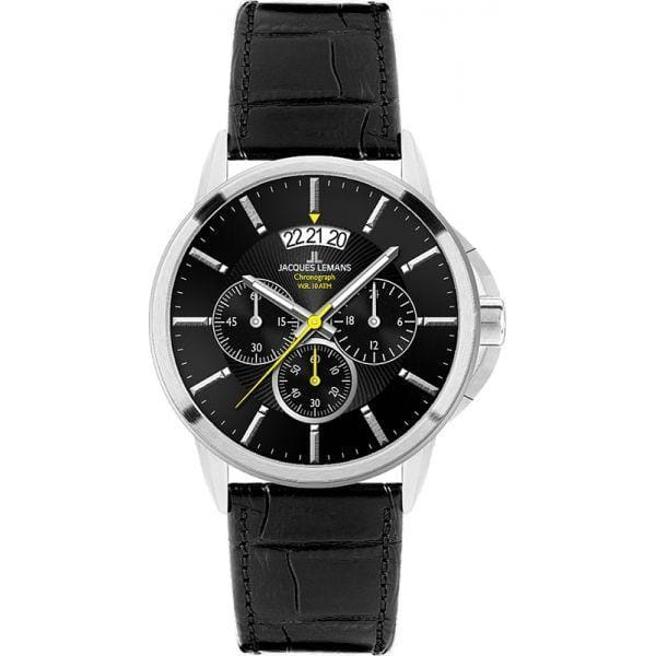 Jacques Lemans Jacques Lemans 1-1542A  1-1542A кварцевые мужские часы черный циферблат, браслет кожаный — вид спереди