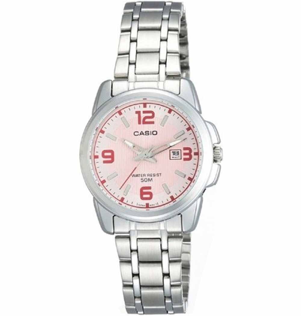 Casio Casio LTP-1314D-5A  LTP-1314D-5A автокварц (кинетик) женские часы розовый циферблат, браслет нержавеющая сталь + золото 18к — вид спереди
