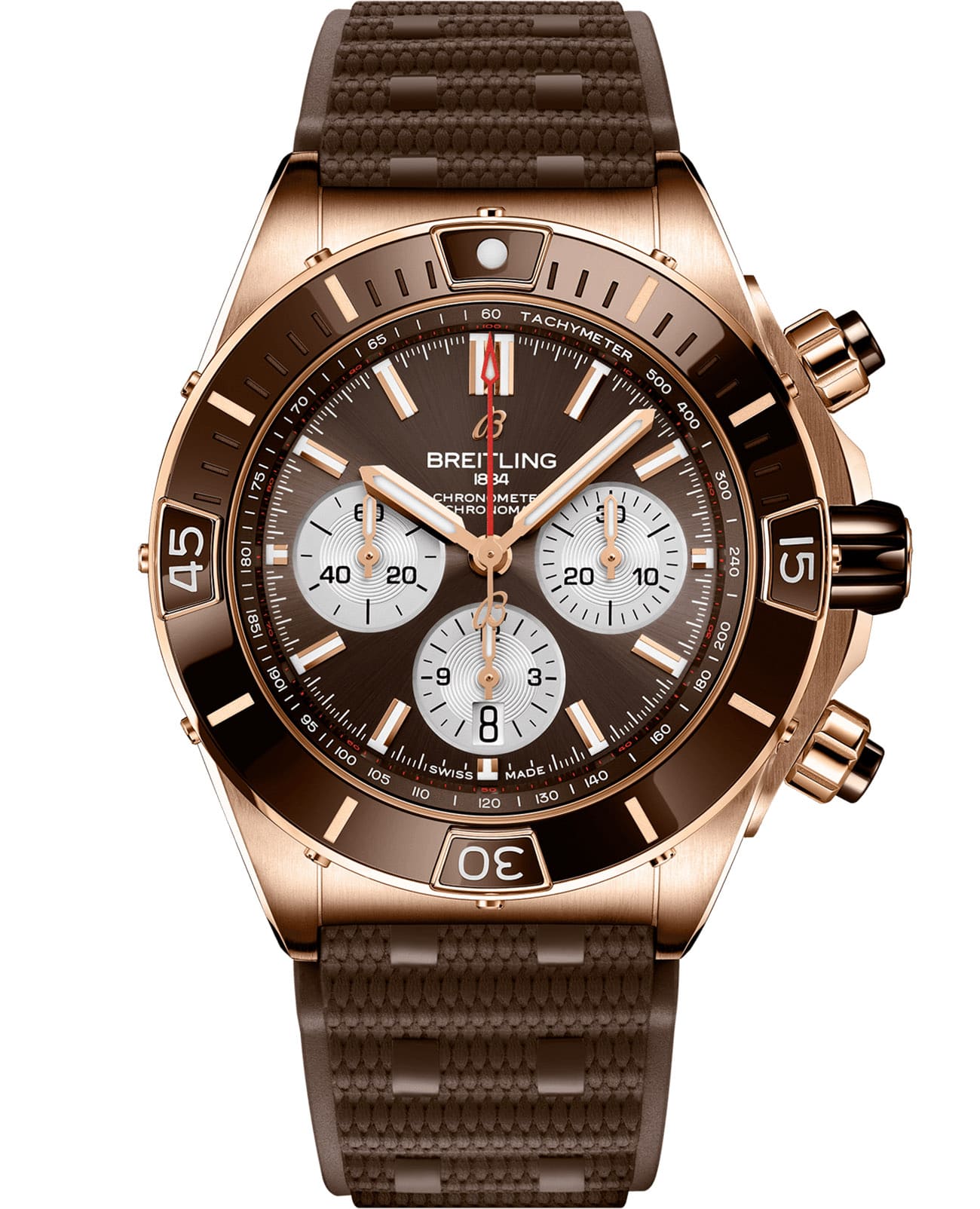 Breitling Breitling Super Chronomat B01 44 RB0136E31Q1S1  RB0136E31Q1S1 механические мужские часы синий циферблат, браслет каучук — вид спереди