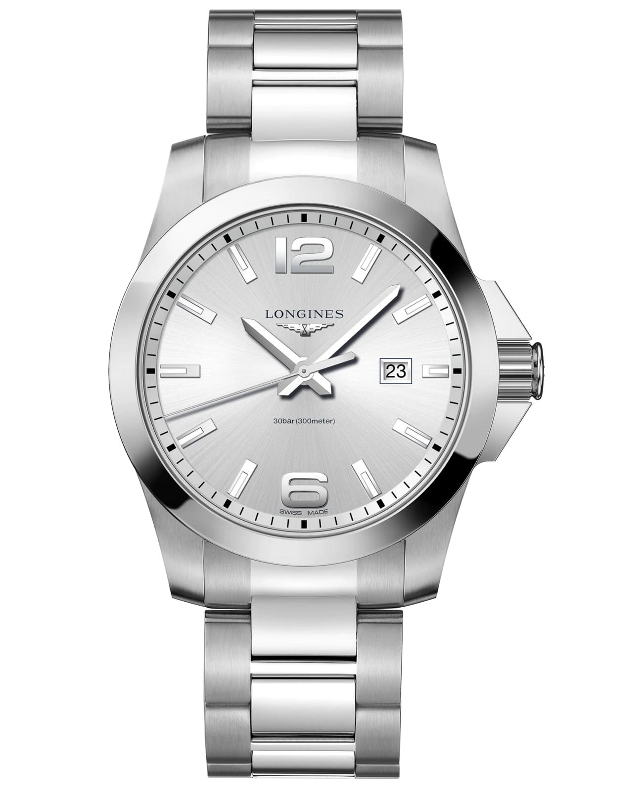 Longines Longines Conquest L3.760.4.76.6  L37604766 кварцевые мужские часы серебристый циферблат, браслет нержавеющая сталь — вид спереди