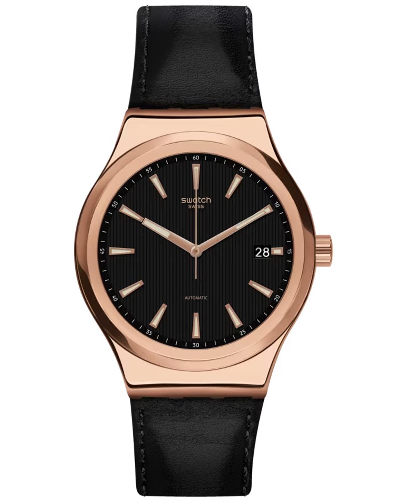 Swatch Swatch Irony Sistem51 YIG400  YIG400 механические мужские часы черный циферблат, браслет кожаный — вид спереди