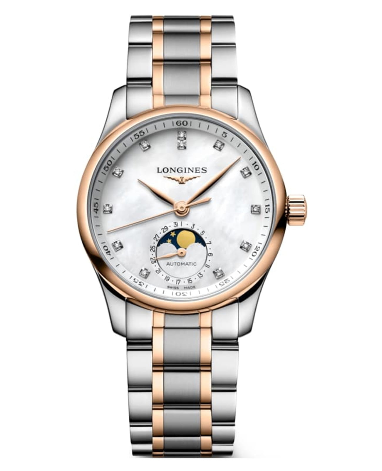 Longines Longines Master Collection L2.409.5.89.7  L24095897 механические женские часы перламутровый циферблат, браслет нержавеющая сталь и 18 каратное розовое золото — вид спереди