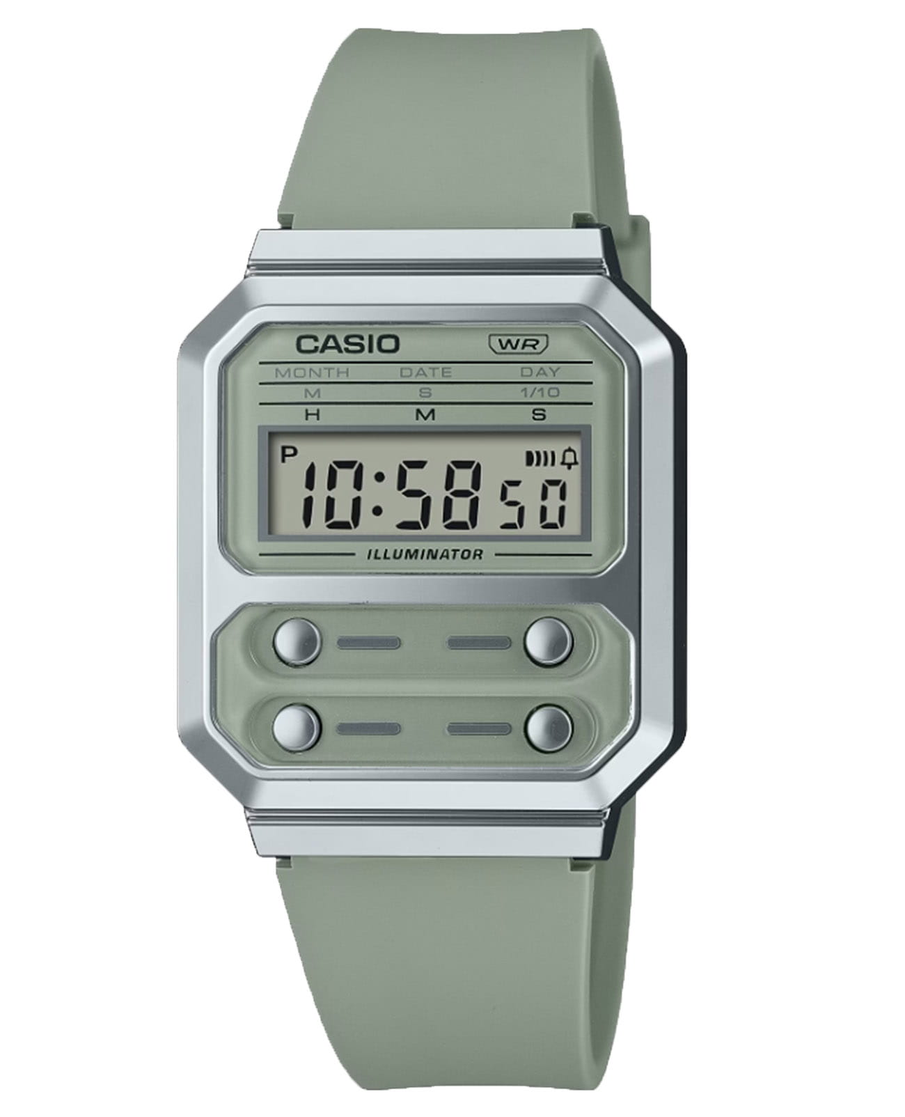 Casio Casio Vintage A100WEF-3ADF  A100WEF-3ADF кварцевые мужские часы зеленый циферблат, браслет пластик — вид спереди