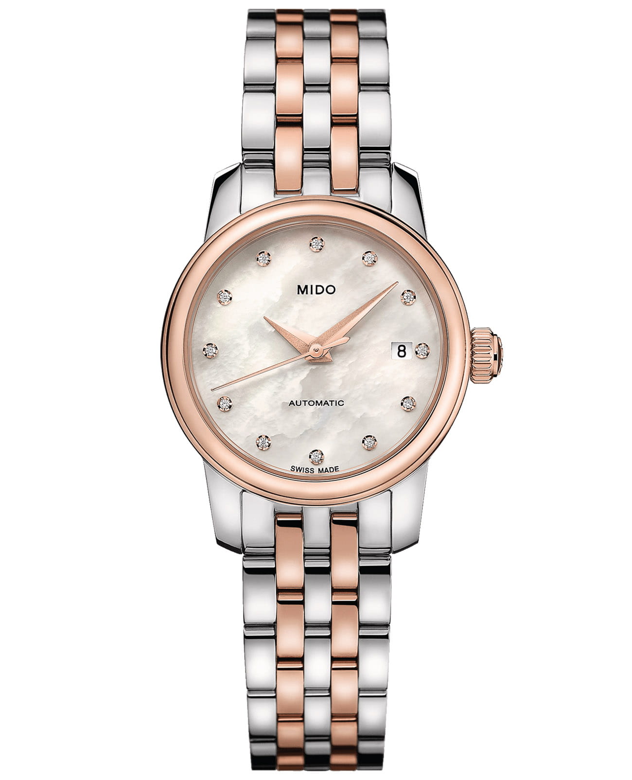 Mido Mido Baroncelli Lady Twenty Five M039.007.22.106.00  M0390072210600 механические женские часы перламутровый циферблат, браслет нержавеющая сталь — вид спереди