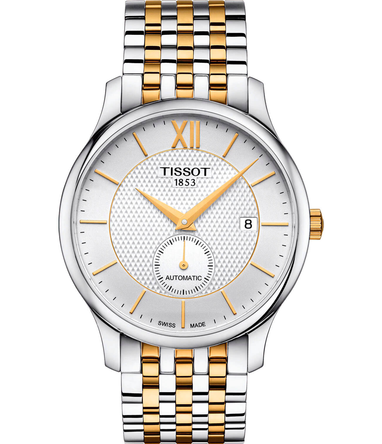 Tissot Tissot Tradition Automatic Small Second T063.428.22.038.00 Tradition T0634282203800 механические мужские часы белый циферблат, браслет сталь c pvd покрытием — вид спереди