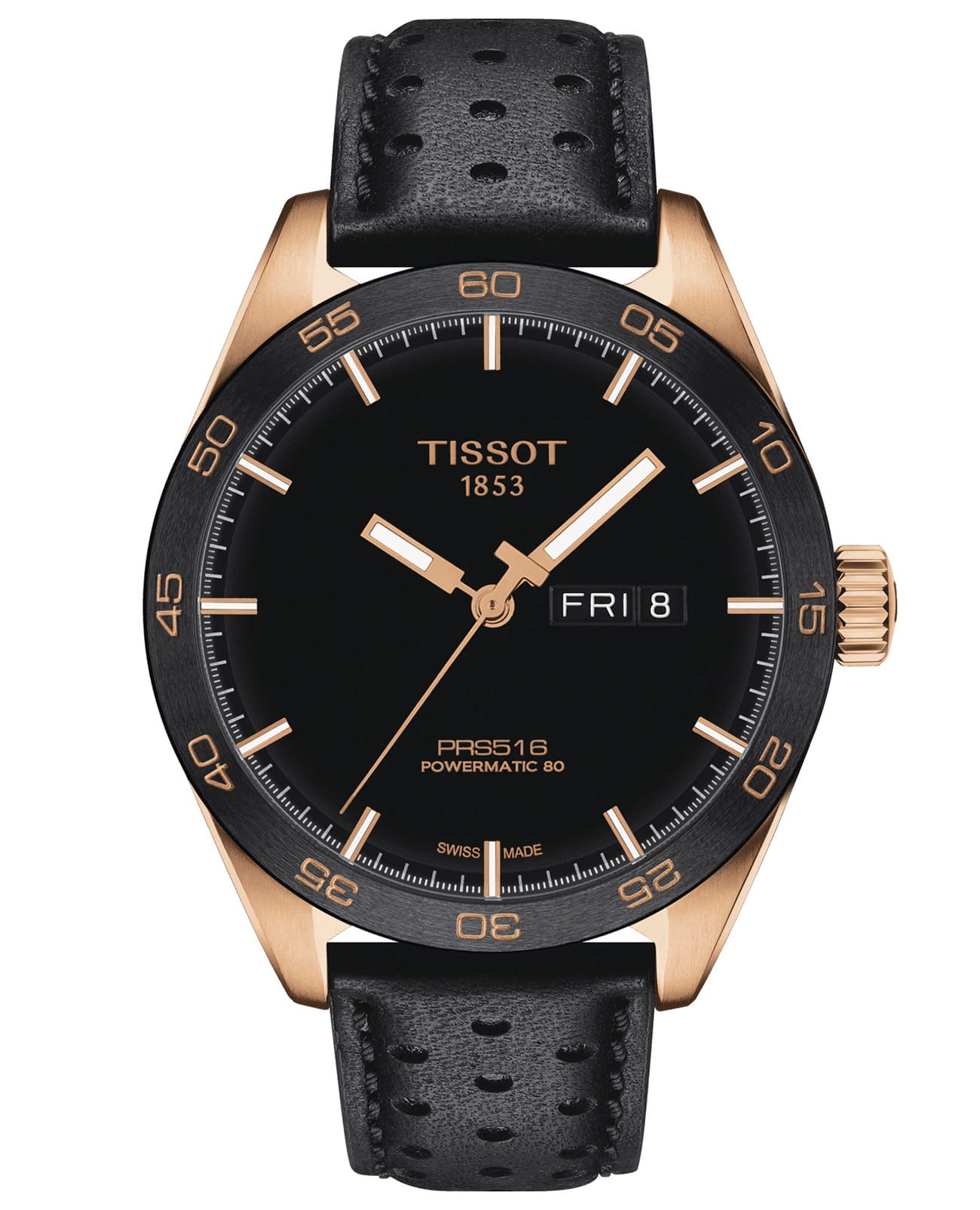 Tissot Tissot PRS 516 Powermatic 80 T100.430.36.051.01 PRS 516 T1004303605101 механические мужские часы черный циферблат, браслет кожаный — вид спереди