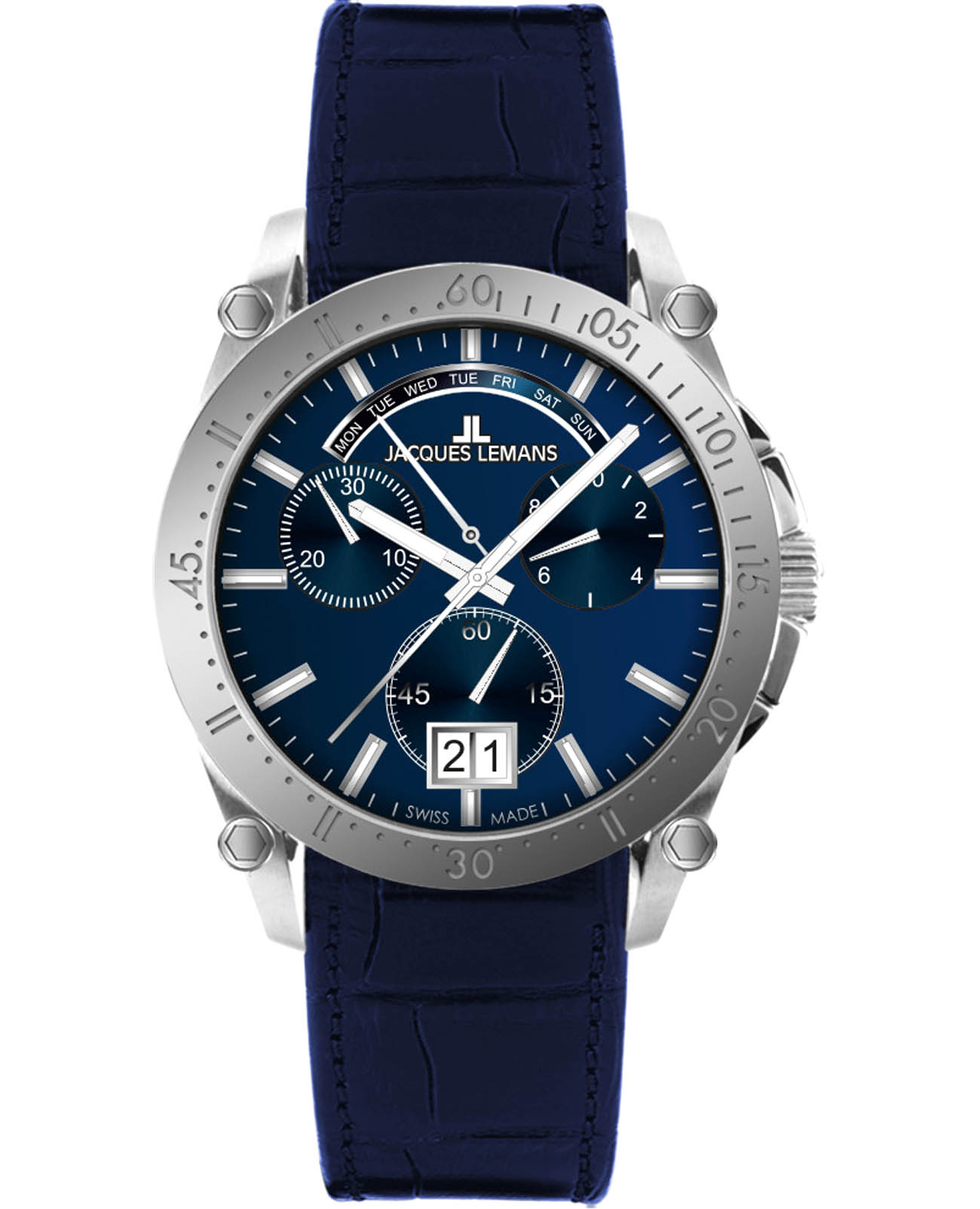 Jacques Lemans Jacques Lemans Derby 1-2198C  1-2198C кварцевые мужские часы синий циферблат, браслет кожаный — вид спереди
