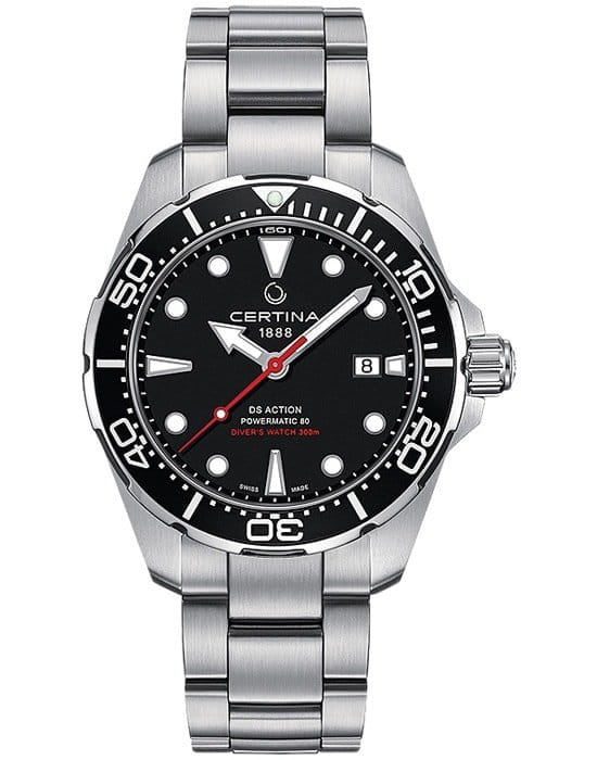 Certina Certina DS Action Diver Powermatic 80 C032.407.11.051.00 DS Action C0324071105100 механические мужские часы черный циферблат, браслет нержавеющая сталь — вид спереди