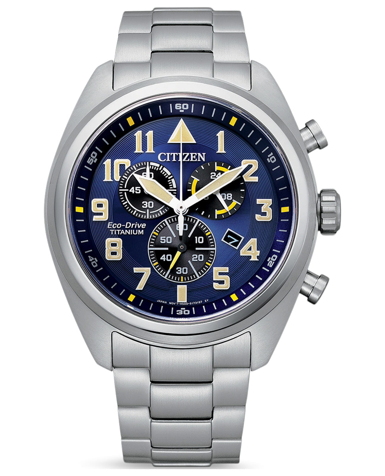 Citizen AT2480-81L  AT2480-81L кварцевые мужские часы синий циферблат, браслет титановый — вид спереди